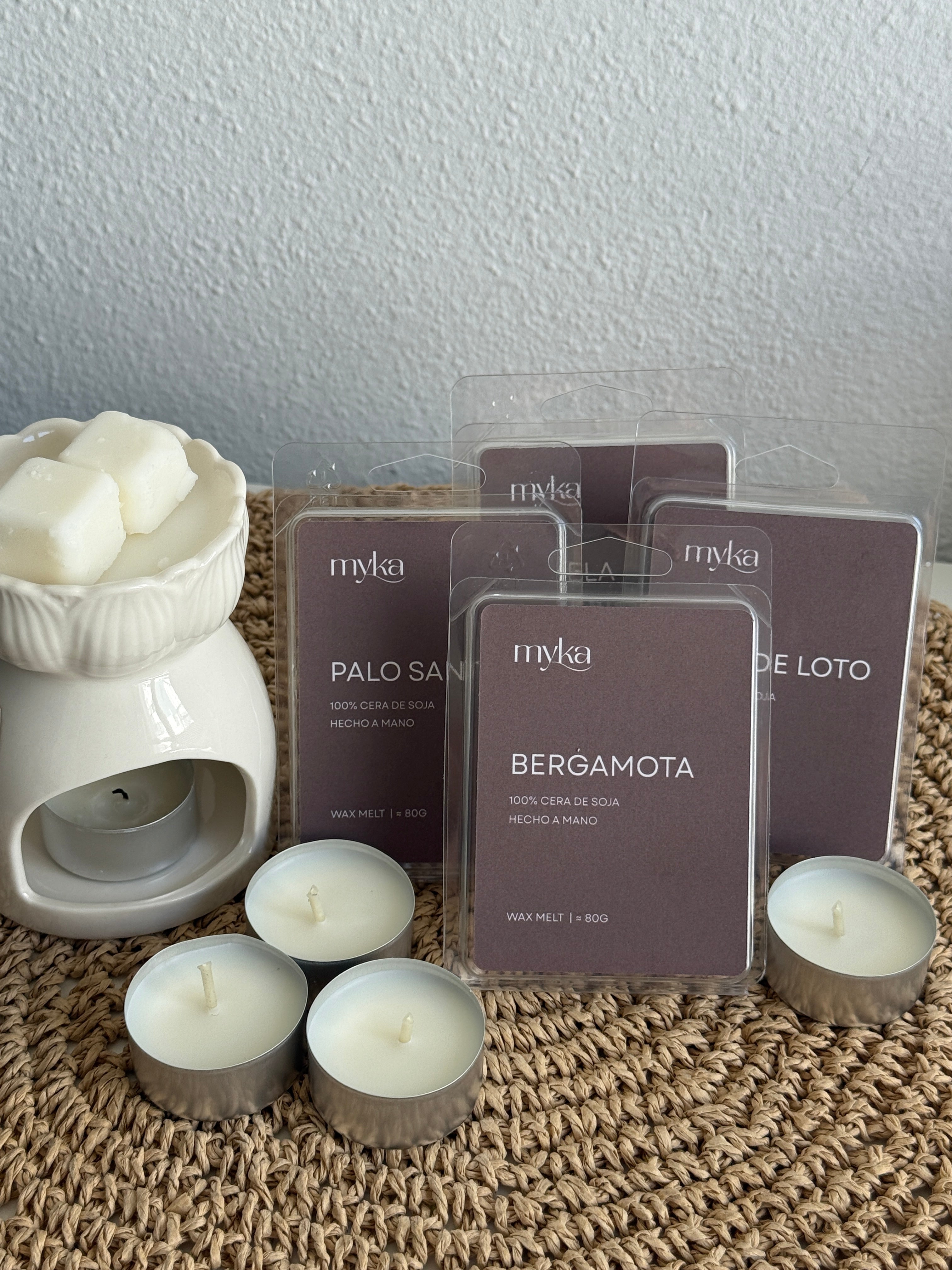 Pack Ritual Wax Melts MYKA · Quemador + 4 aromas + 20 velas de té